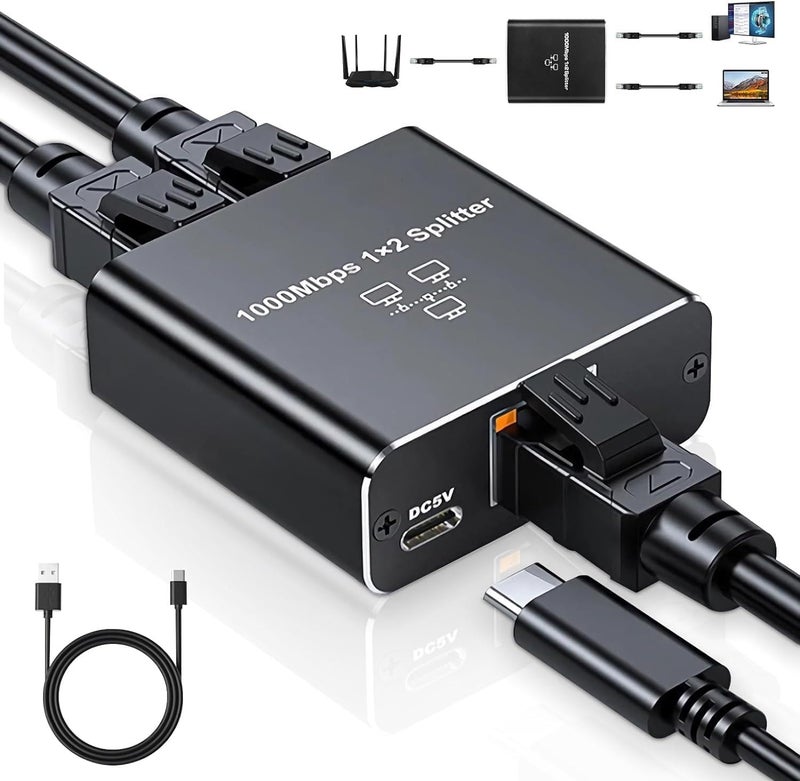 CN Gigabit Ethernet Splitter 1 to 2 - Network Internet Splitter Adapter with USB Power Cable, RJ45 1000Mbps High Speed for Cat 5/5e/6/7/8 Cable [2 Devices Networked Simultaneously] - Image 1